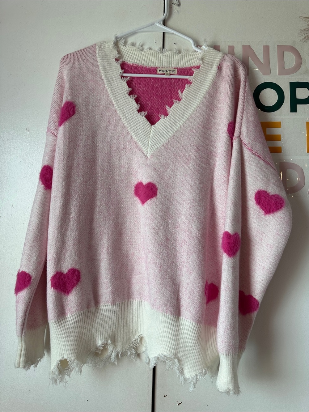 Mainstrip Pink Heart V-Neck Sweater with White Trim
